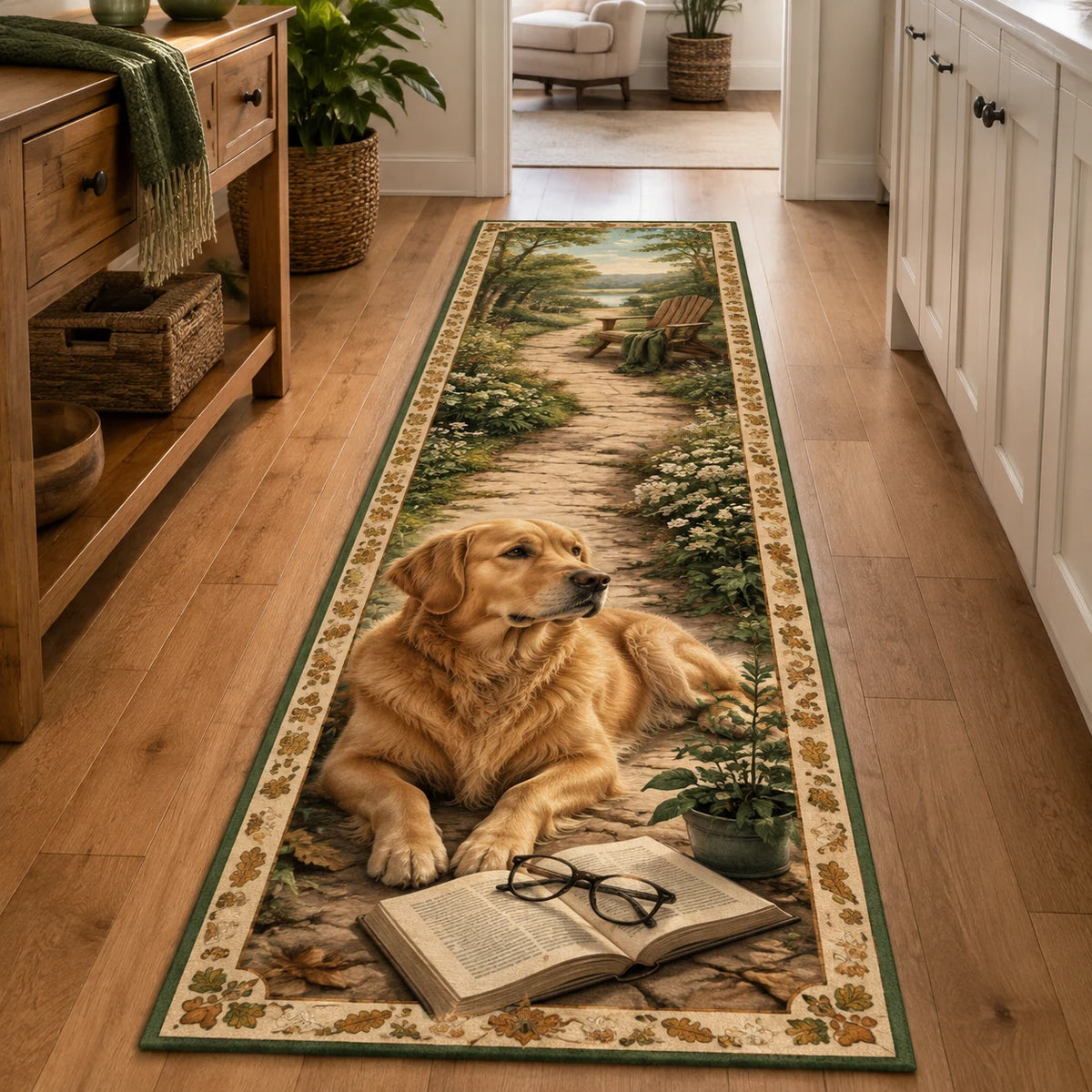 Golden Retriever reading companion runner rug with an open book and matching paw and oak leaf border