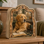 Golden Retriever reading companion wooden block with an open book and matching paw and oak leaf border