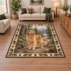 Golden Retriever Trail Companion Area Rug with printed 3D depth in a coordinated neutral living space.