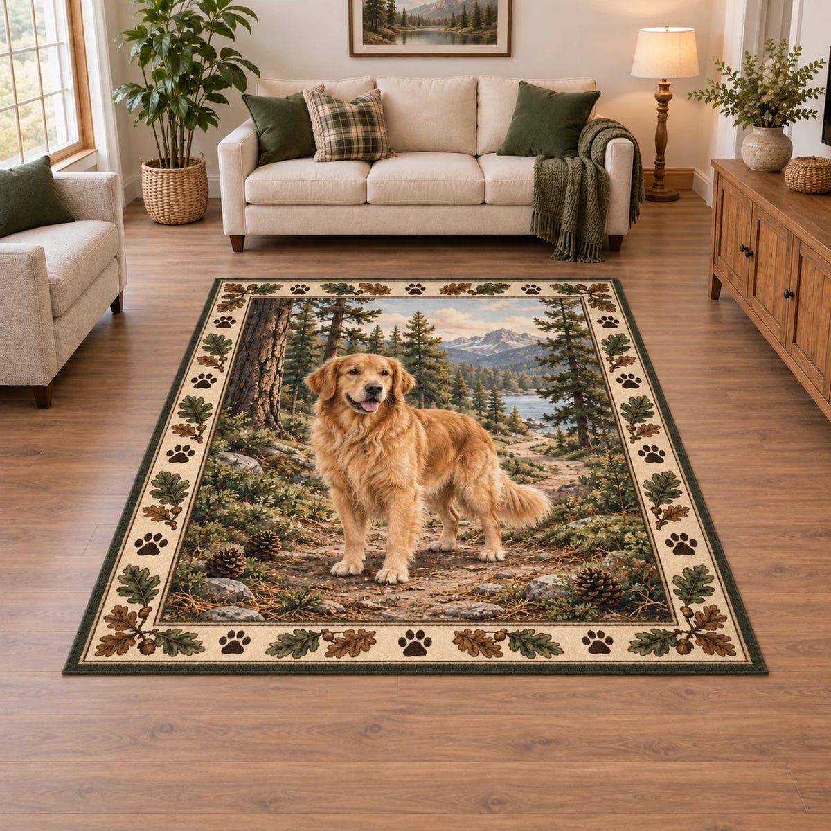 Golden Retriever Trail Companion Area Rug with printed 3D depth in a coordinated neutral living space.