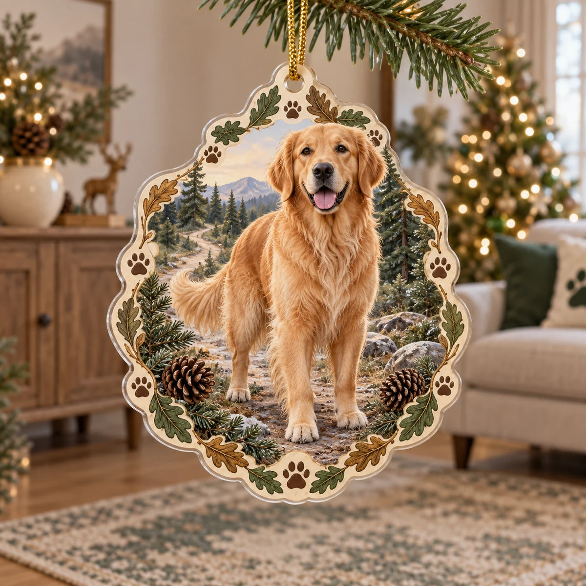 Golden Retriever Trail Companion Christmas Ornament with printed 3D depth in a coordinated neutral living space.