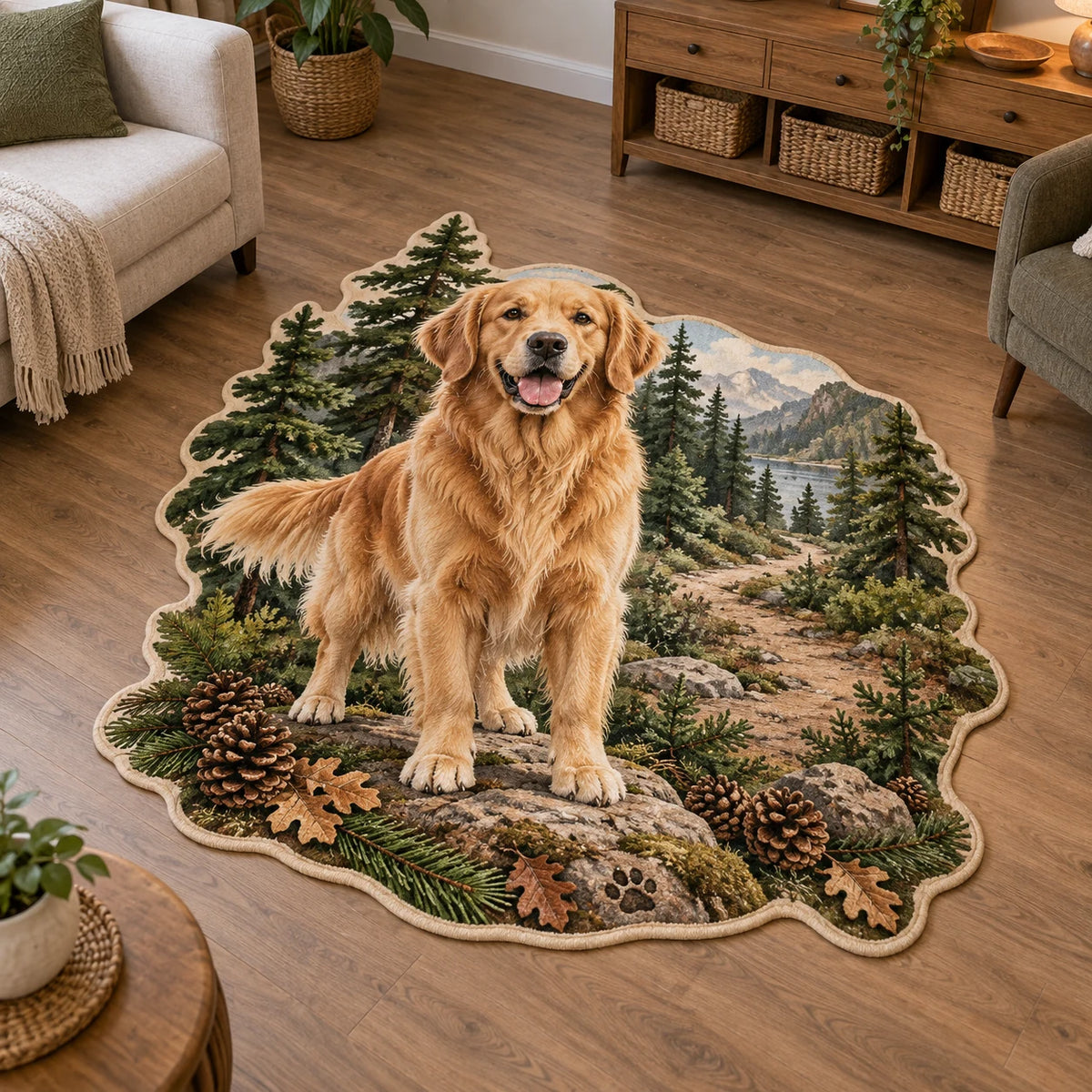 Golden Retriever Trail Companion Custom Shape Area Rug with printed 3D depth in a coordinated neutral living space.