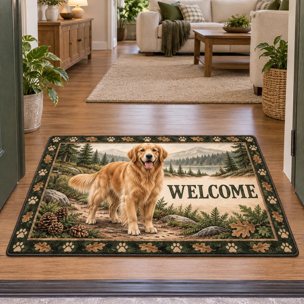 Golden Retriever Trail Companion Doormat with printed 3D depth in a coordinated neutral living space.