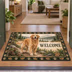 Golden Retriever Trail Companion Doormat with printed 3D depth in a coordinated neutral living space.