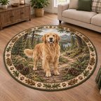 Golden Retriever Trail Companion Round Mat Rug with printed 3D depth in a coordinated neutral living space.