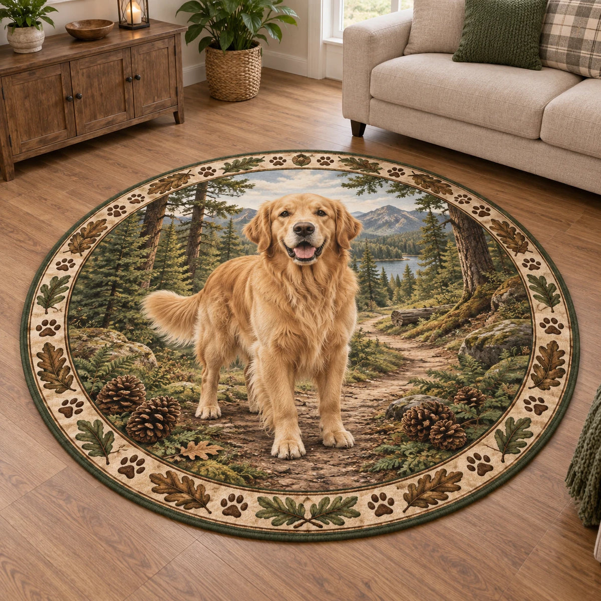 Golden Retriever Trail Companion Round Mat Rug with printed 3D depth in a coordinated neutral living space.
