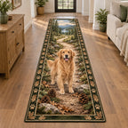 Golden Retriever Trail Companion Runner Rug with printed 3D depth in a coordinated neutral living space.