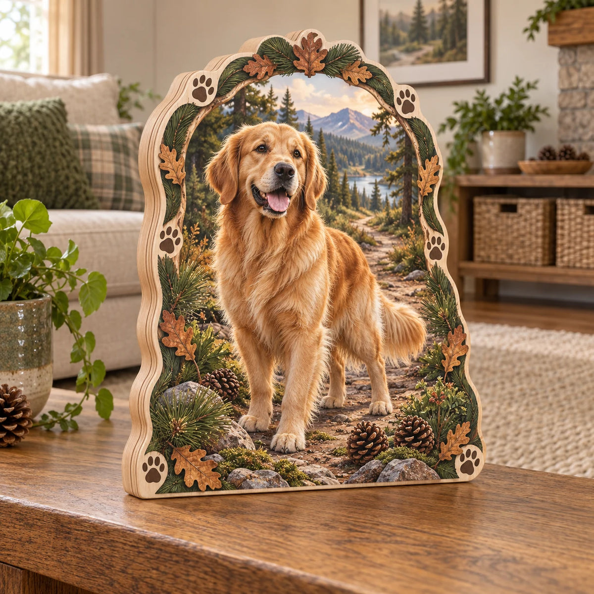Golden Retriever Trail Companion Wooden Block 3 Layer with printed 3D depth in a coordinated neutral living space.