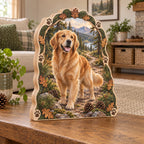 Golden Retriever Trail Companion Wooden Block 3 Layer with printed 3D depth in a coordinated neutral living space.