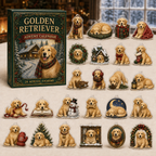 Golden Retriever advent calendar box and full set of 24 illustrated acrylic charms on a light tabletop