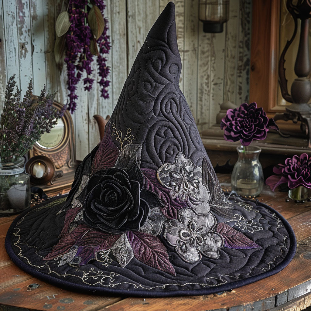 Gothic Blossom quilted witch hat, all-over print on cone and brim