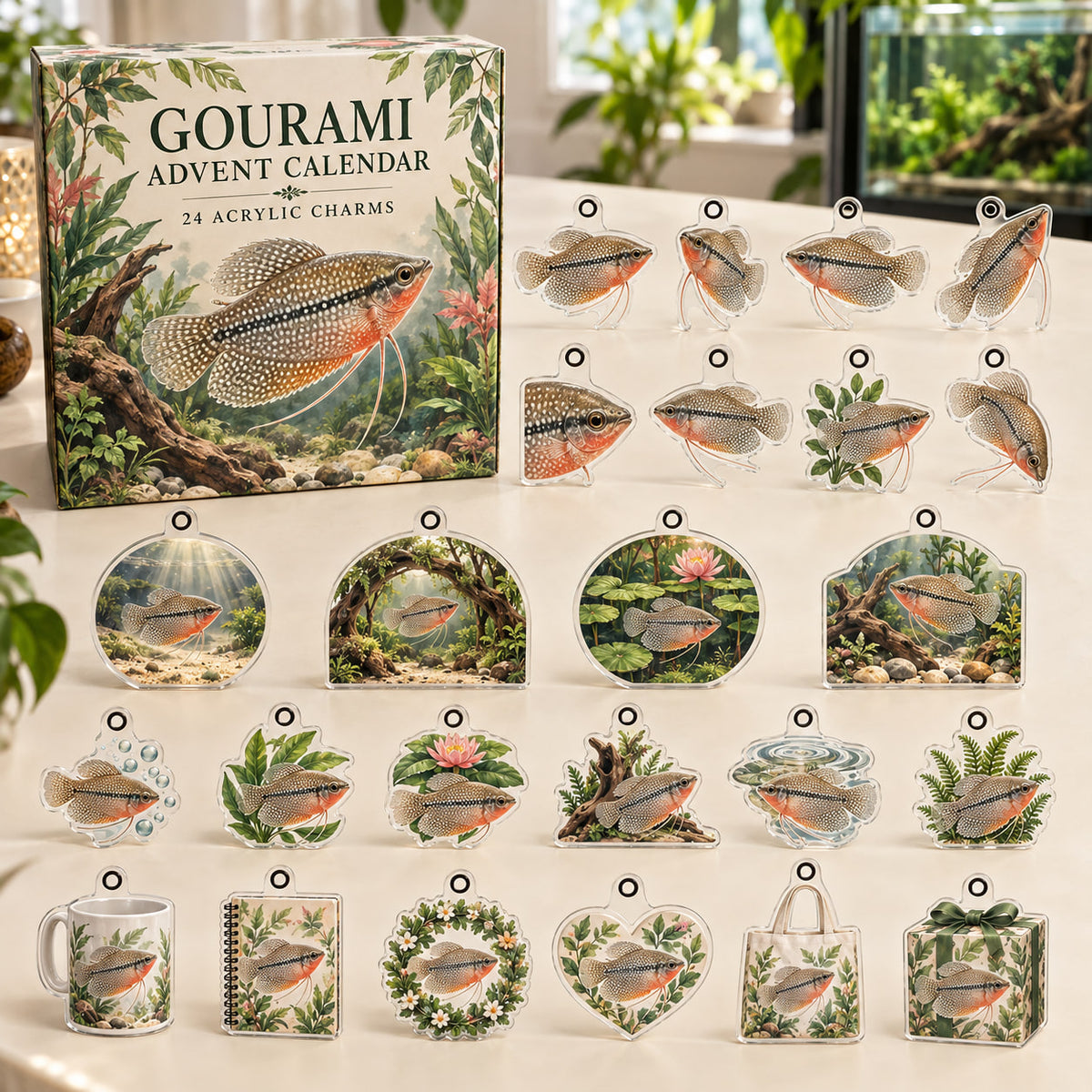 Gourami advent calendar box with 24 themed flat printed acrylic charms