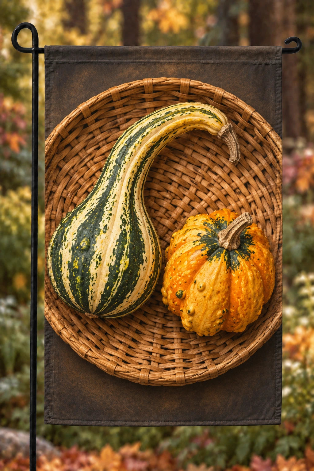 Gourd Pair Woven Harvest Garden Flag with printed ornamental gourds and basket-tray depth