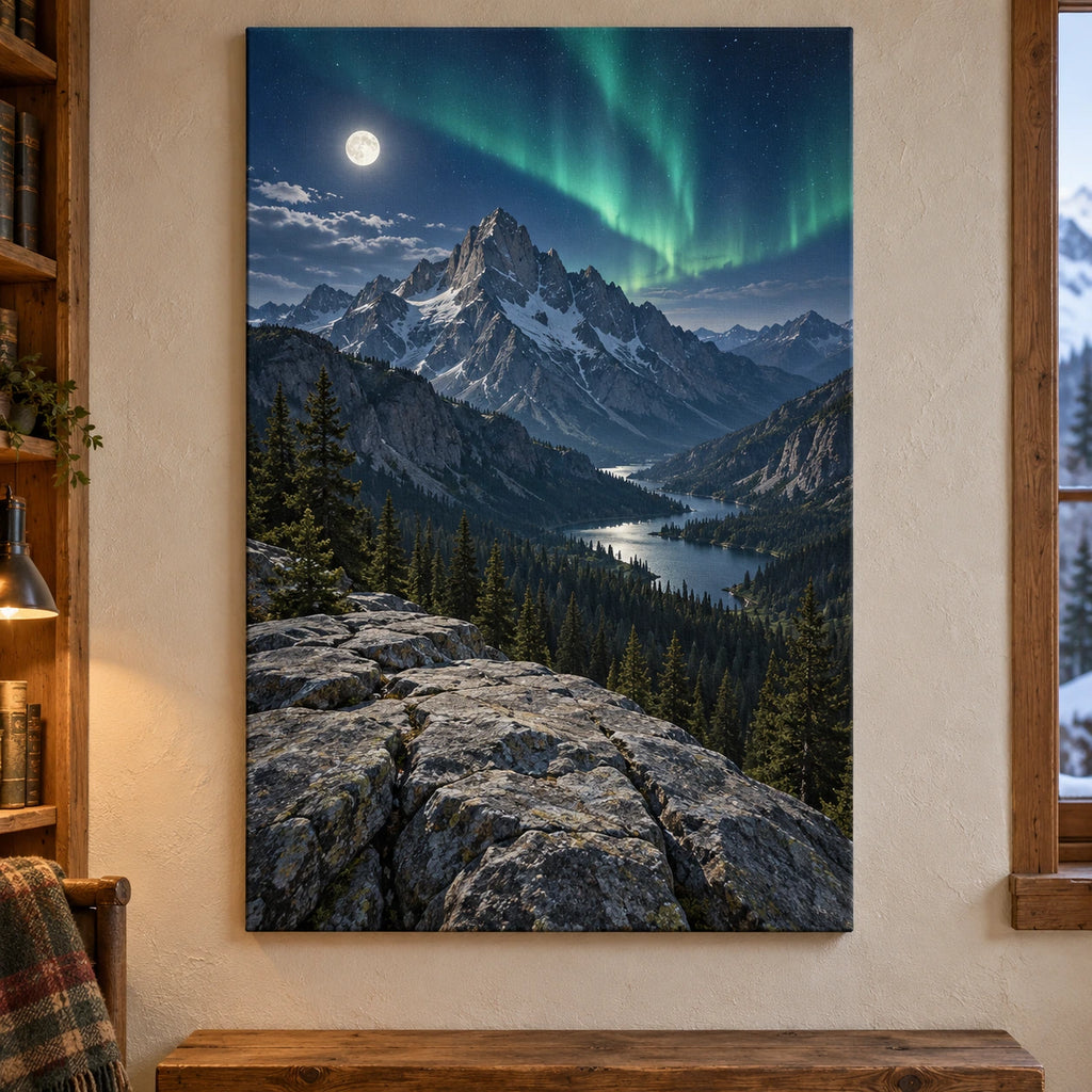 Granite summit and aurora landscape printed on unframed stretched canvas.