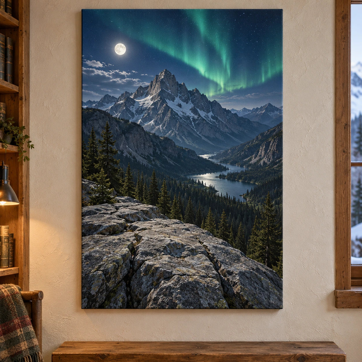 Granite summit and aurora landscape printed on unframed stretched canvas.