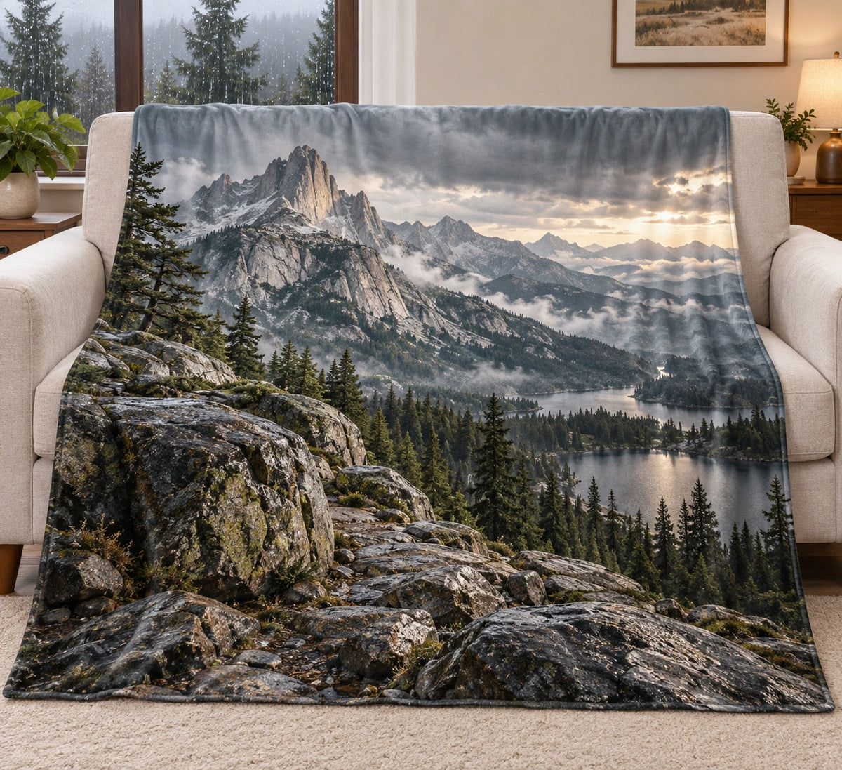 Granite Summit Rainy Retreat Fleece Blanket with printed dimensional artwork