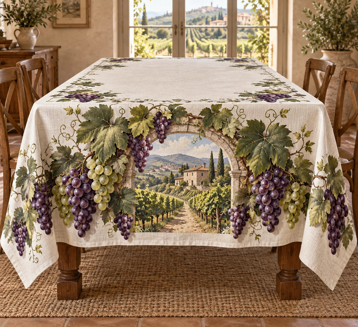 Grape Vineyard Breakfast Tablecloth with printed dimensional grapes and vineyard arch