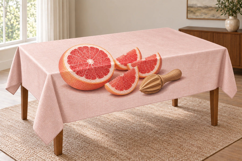 Grapefruit Citrus Prep Tablecloth with printed pink grapefruit segments and wooden reamer depth