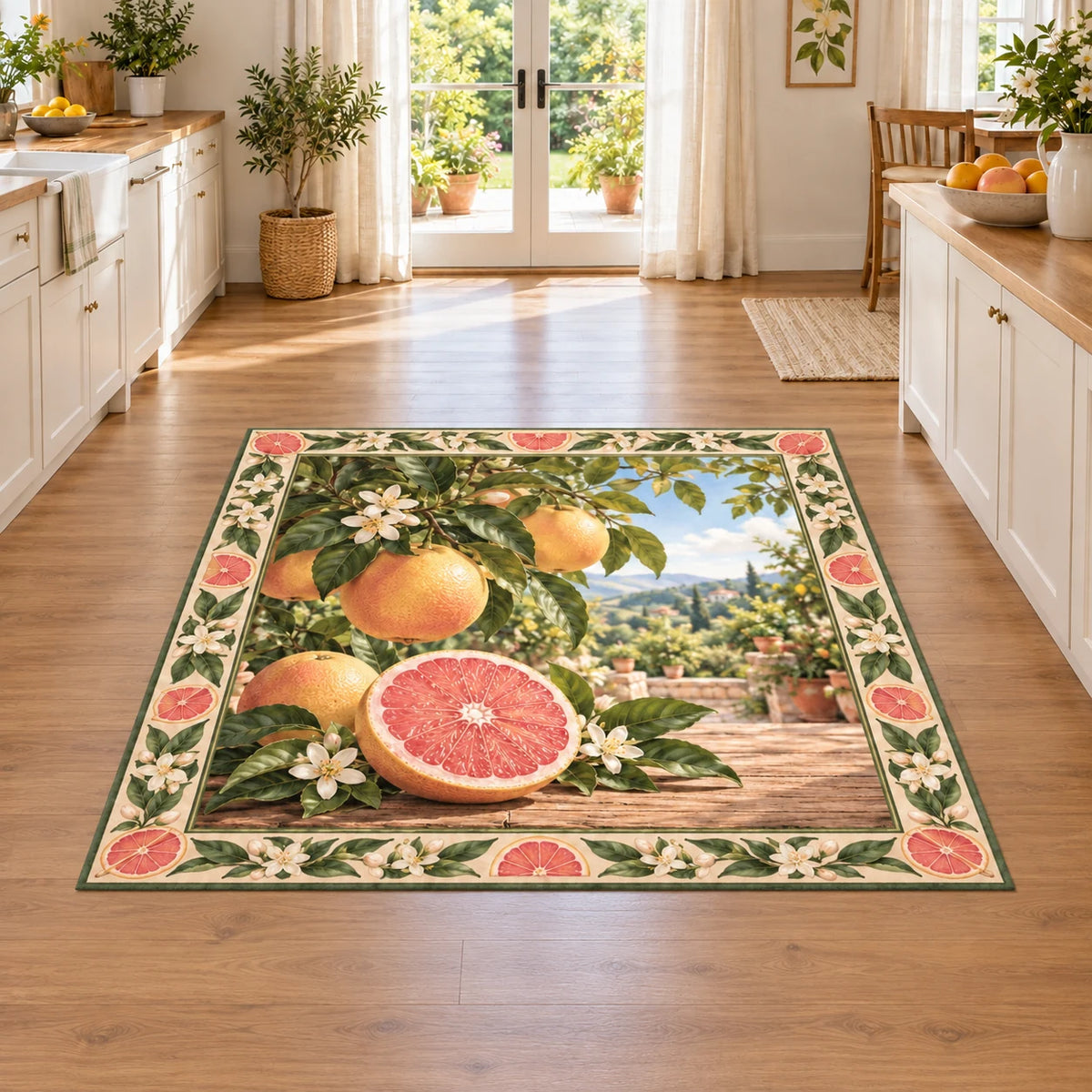 Grapefruit area rug with pink cut fruit, whole grapefruit, glossy green leaves and cream botanical edging in a bright kitchen.