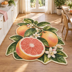 Grapefruit custom shape area rug with pink cut fruit, whole grapefruit, glossy green leaves and cream botanical edging in a bright kitchen.
