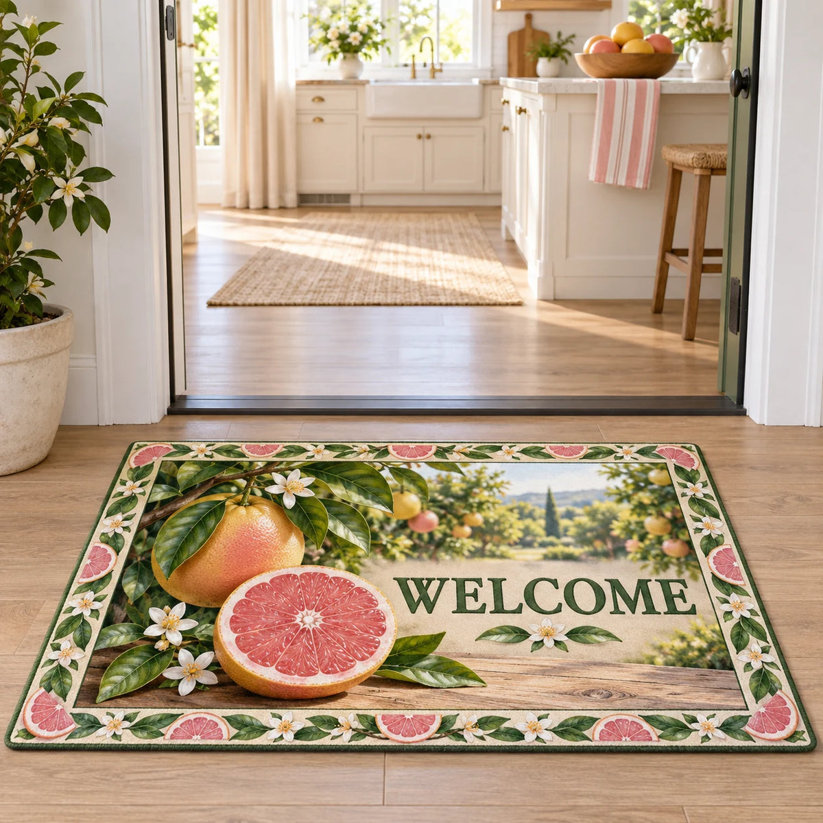 Grapefruit doormat with pink cut fruit, whole grapefruit, glossy green leaves and cream botanical edging in a bright kitchen.