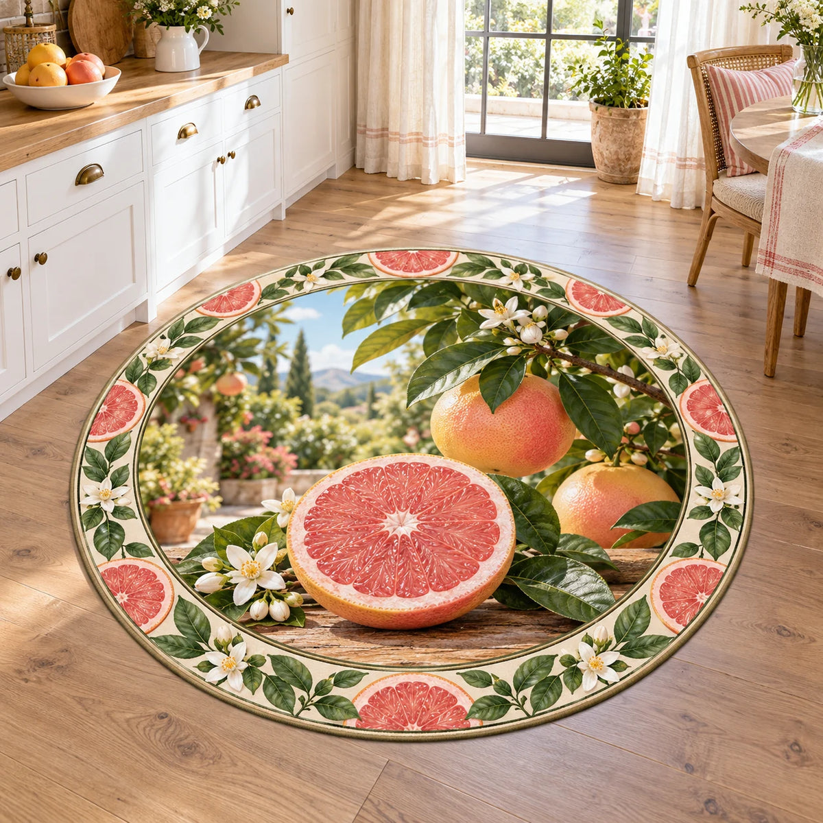 Grapefruit round mat rug with pink cut fruit, whole grapefruit, glossy green leaves and cream botanical edging in a bright kitchen.