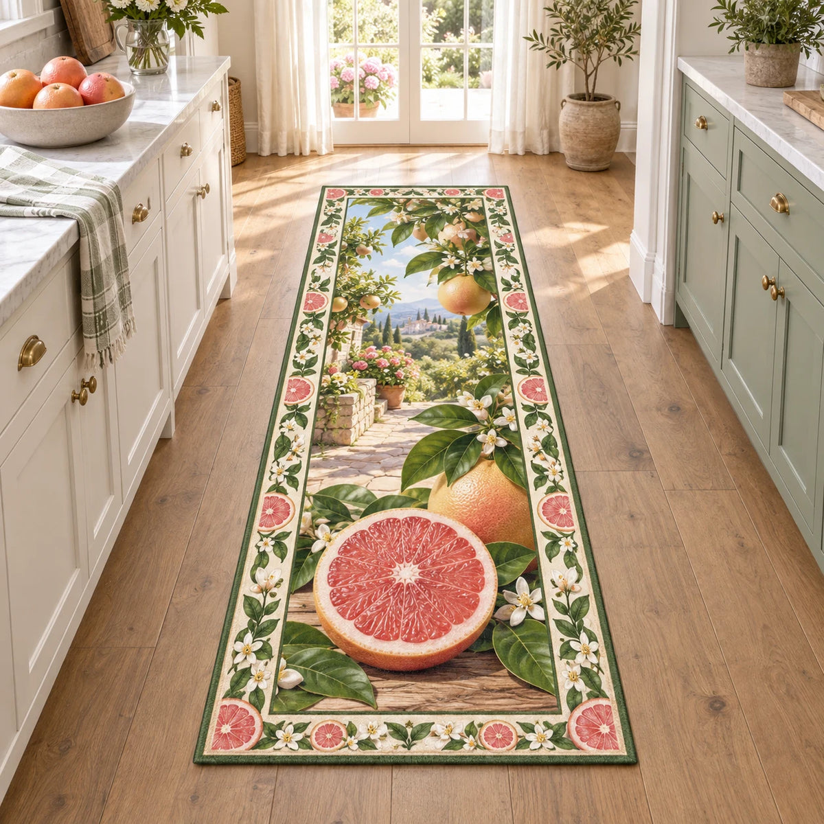 Grapefruit runner rug with pink cut fruit, whole grapefruit, glossy green leaves and cream botanical edging in a bright kitchen.