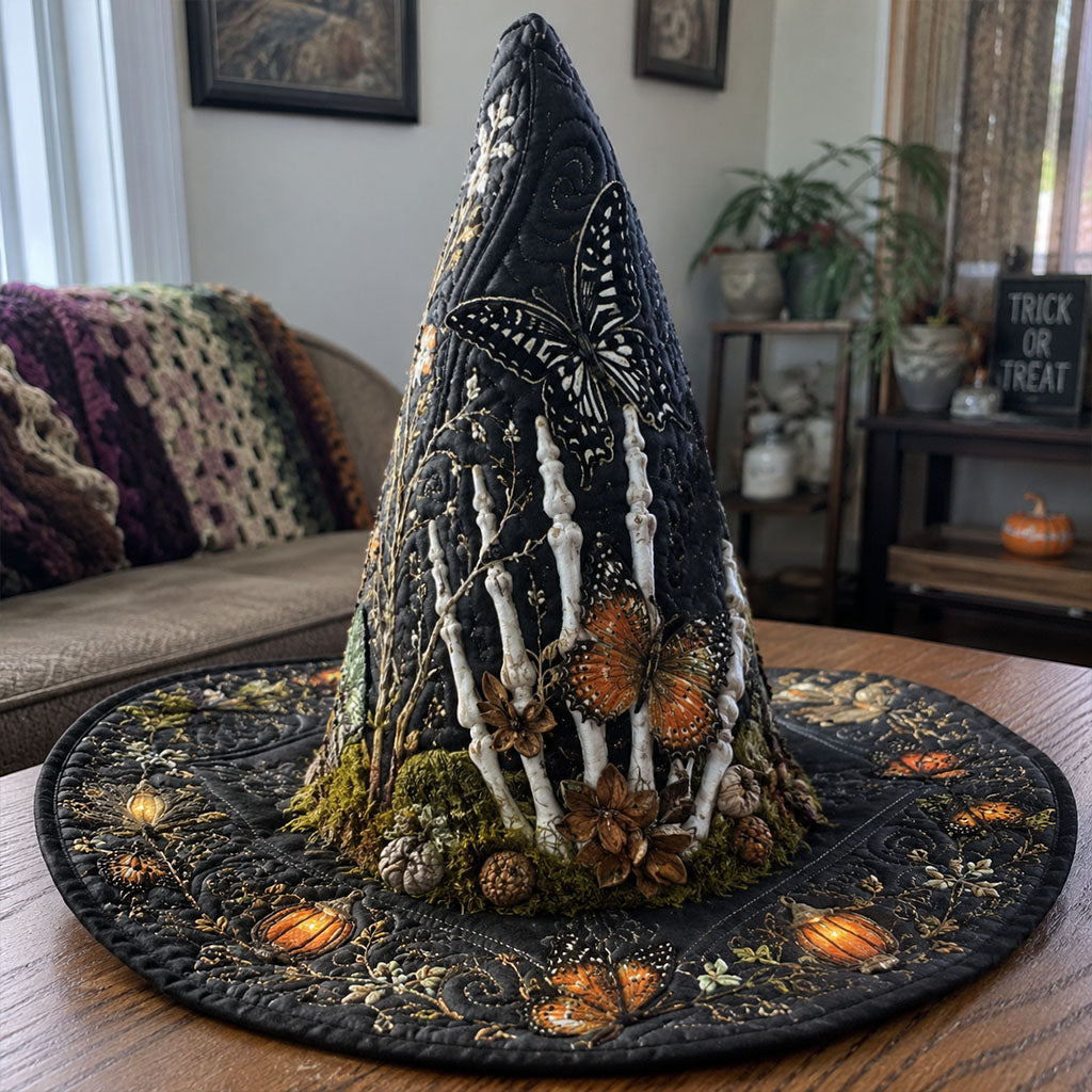 Graveyard Whispers quilted witch hat, all-over print on cone and brim