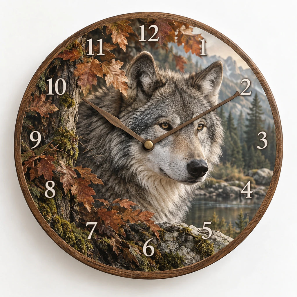 Gray Wolf Autumn Canopy Wooden Wall Clock with printed dimensional artwork