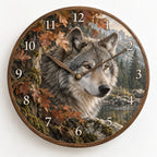 Gray Wolf Autumn Canopy Wooden Wall Clock with printed dimensional artwork