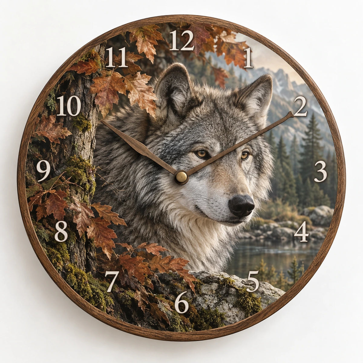 Gray Wolf Autumn Canopy Wooden Wall Clock with printed dimensional artwork