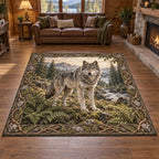 Gray wolf area rug with fern and root border, layered woodland scenery and matching cabin background