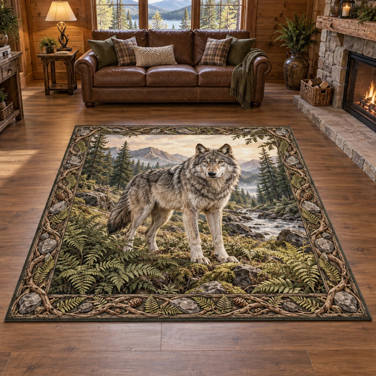 Gray wolf area rug with fern and root border, layered woodland scenery and matching cabin background