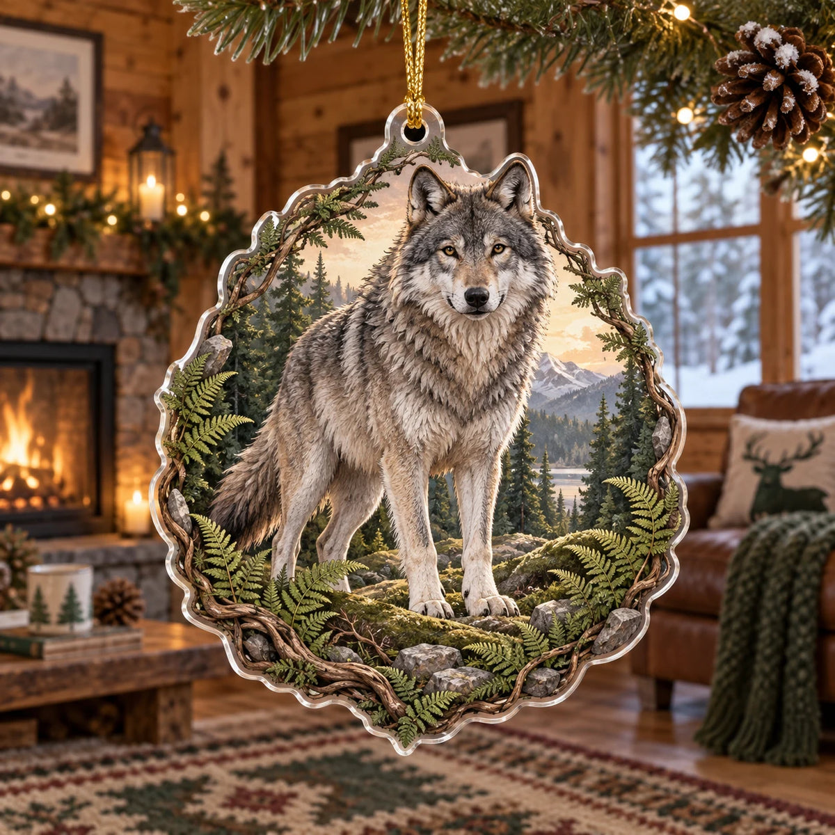 Gray wolf christmas ornament with fern and root border, layered woodland scenery and matching cabin background