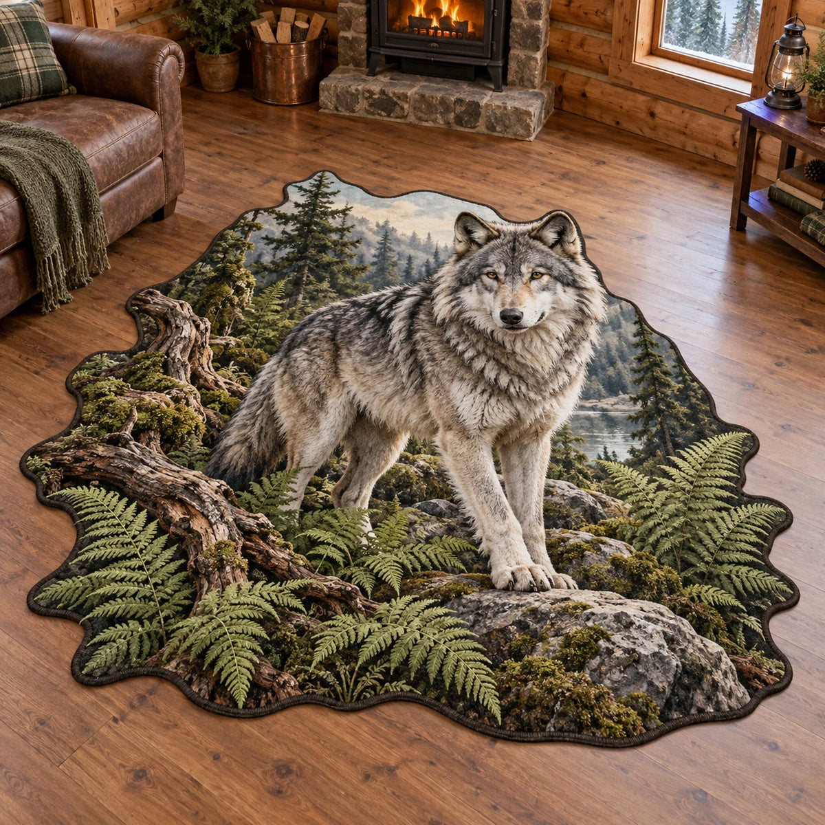 Gray wolf custom shape area rug with fern and root border, layered woodland scenery and matching cabin background