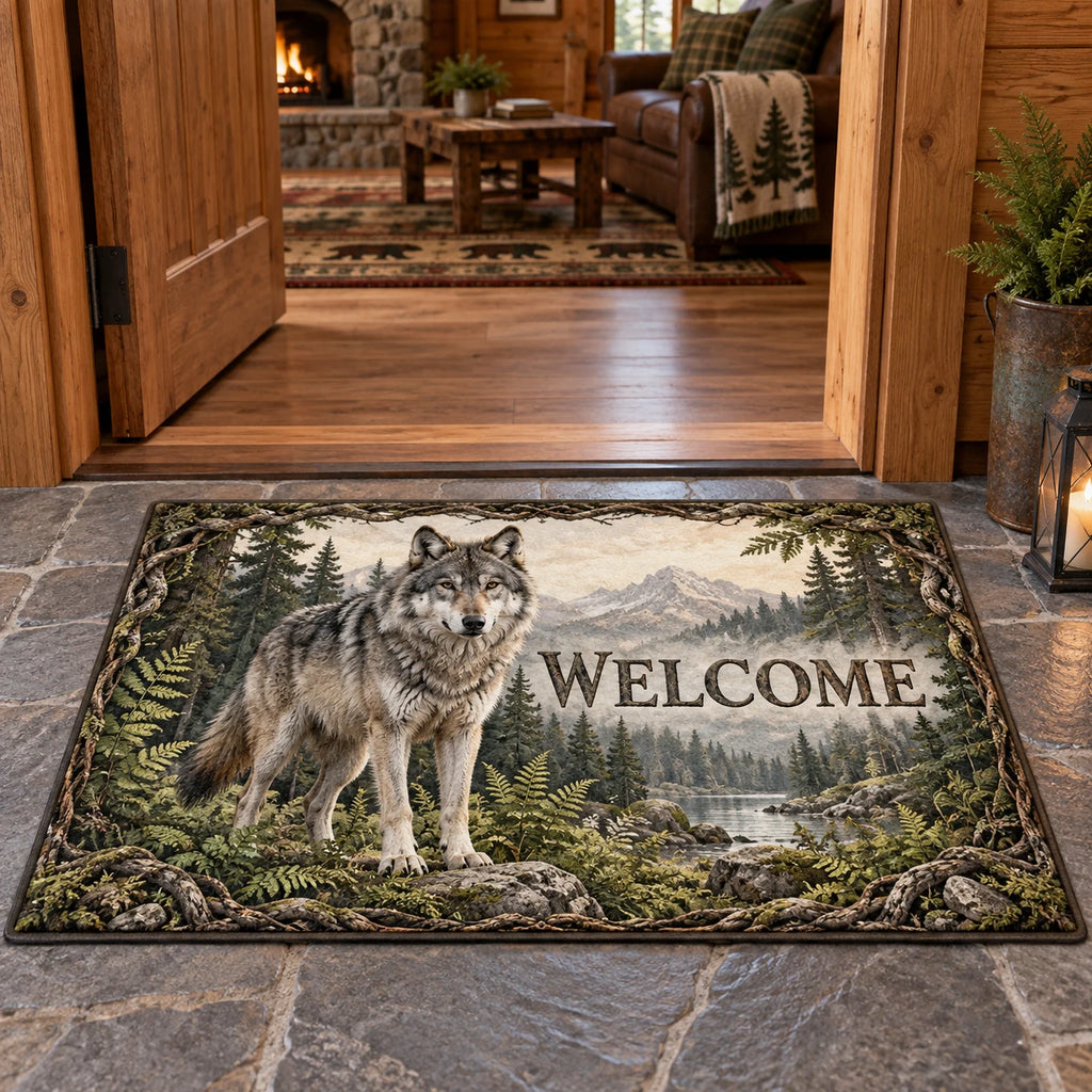 Gray wolf doormat with fern and root border, layered woodland scenery and matching cabin background