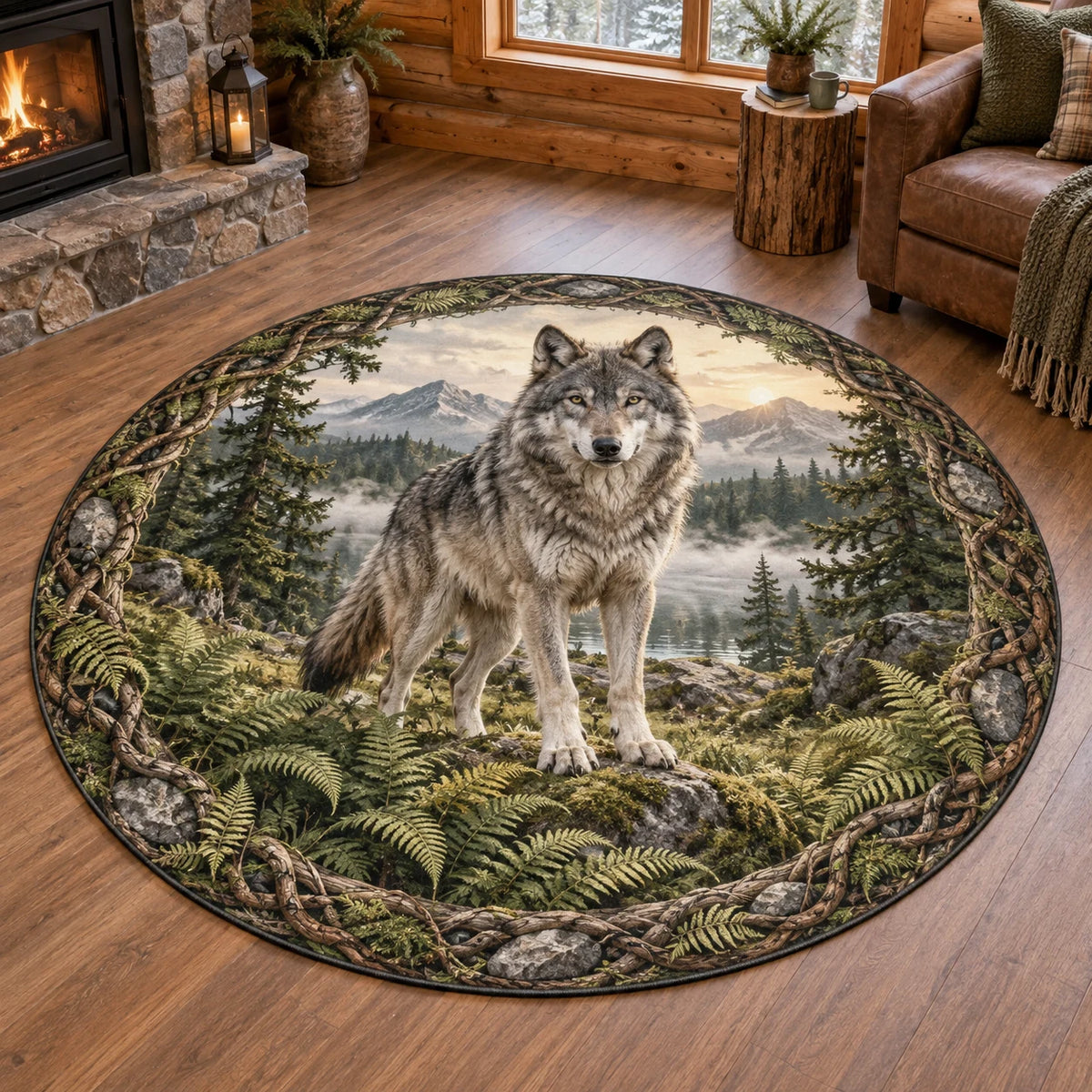 Gray wolf round mat rug with fern and root border, layered woodland scenery and matching cabin background