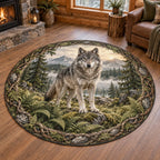 Gray wolf round mat rug with fern and root border, layered woodland scenery and matching cabin background