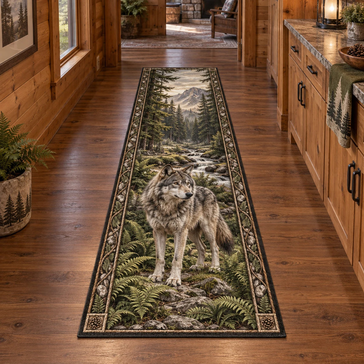 Gray wolf runner rug with fern and root border, layered woodland scenery and matching cabin background