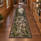 Gray wolf runner rug with fern and root border, layered woodland scenery and matching cabin background