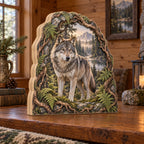Gray wolf wooden block 3 layer with fern and root border, layered woodland scenery and matching cabin background