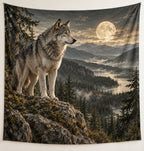 Gray Wolf Moonlit Ridge Wall Tapestry with printed dimensional artwork