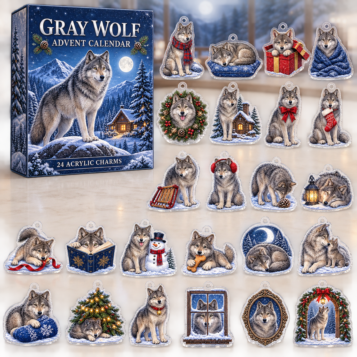 Gray Wolf advent calendar box and full set of 24 illustrated acrylic charms on a light tabletop