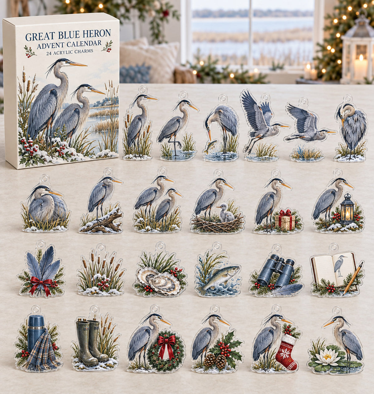 Great Blue Heron advent calendar with 24 custom-shaped flat acrylic charms and printed dimensional artwork