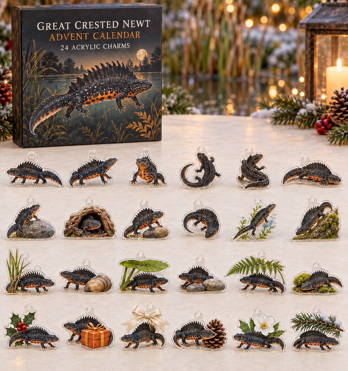 Great Crested Newt advent calendar with 24 custom-shaped flat acrylic charms and printed dimensional artwork