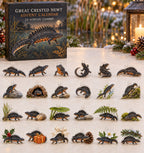 Great Crested Newt advent calendar with 24 custom-shaped flat acrylic charms and printed dimensional artwork
