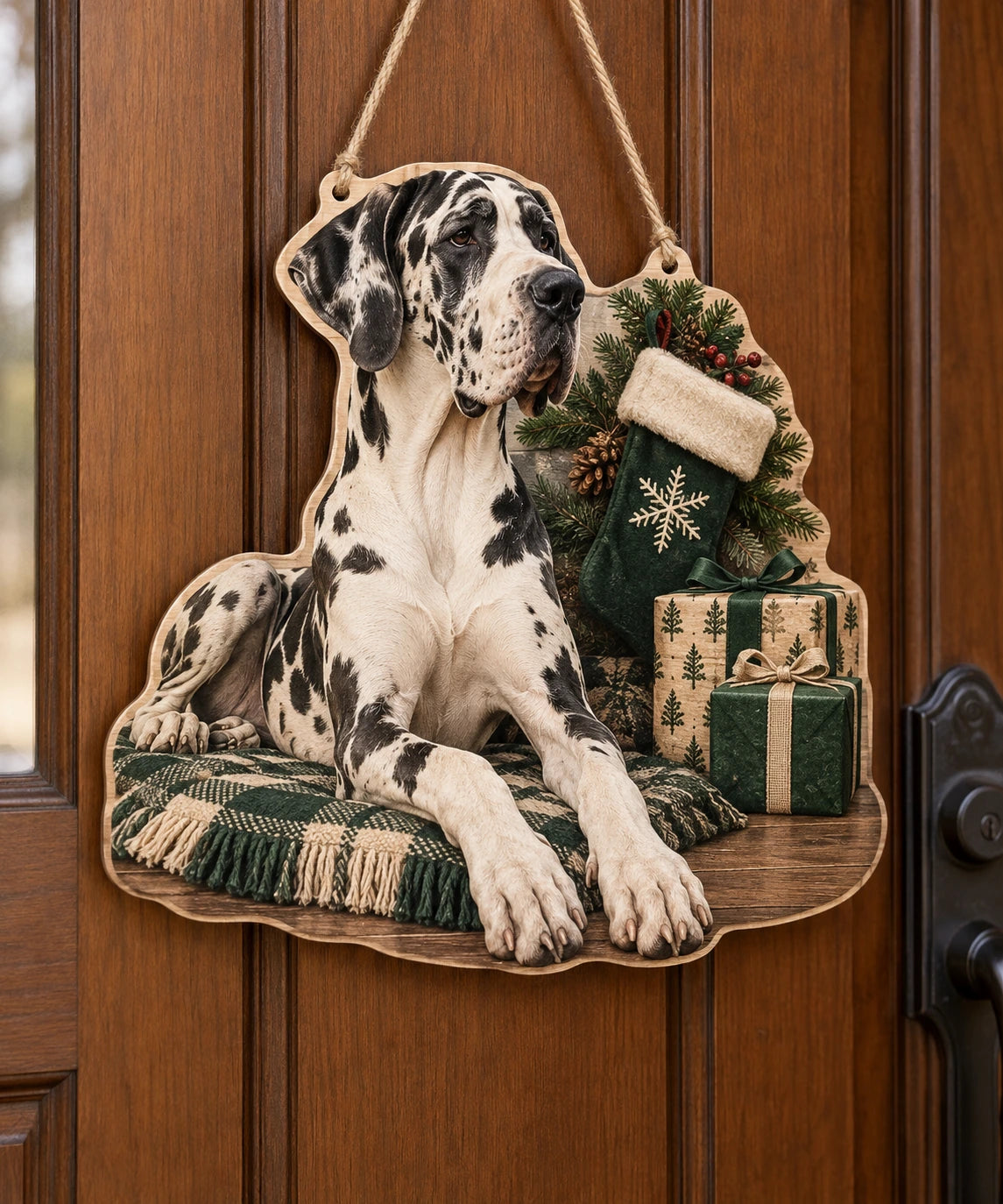 Great Dane Holiday Stocking Custom Shape Door Hanger with printed dimensional artwork