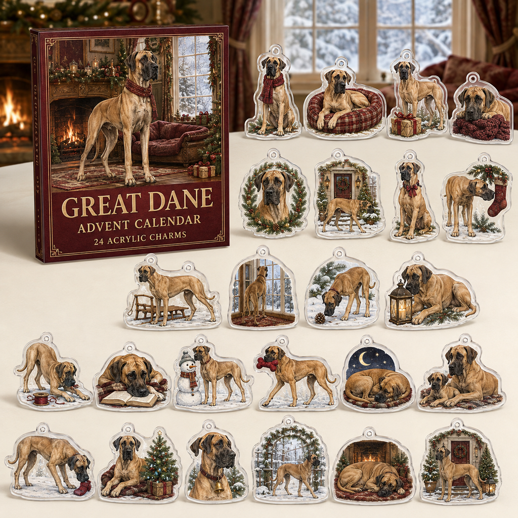 Great Dane advent calendar box with 24 illustrated acrylic charms displayed on an ivory tabletop in a winter setting