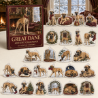 Great Dane advent calendar box with 24 illustrated acrylic charms displayed on an ivory tabletop in a winter setting