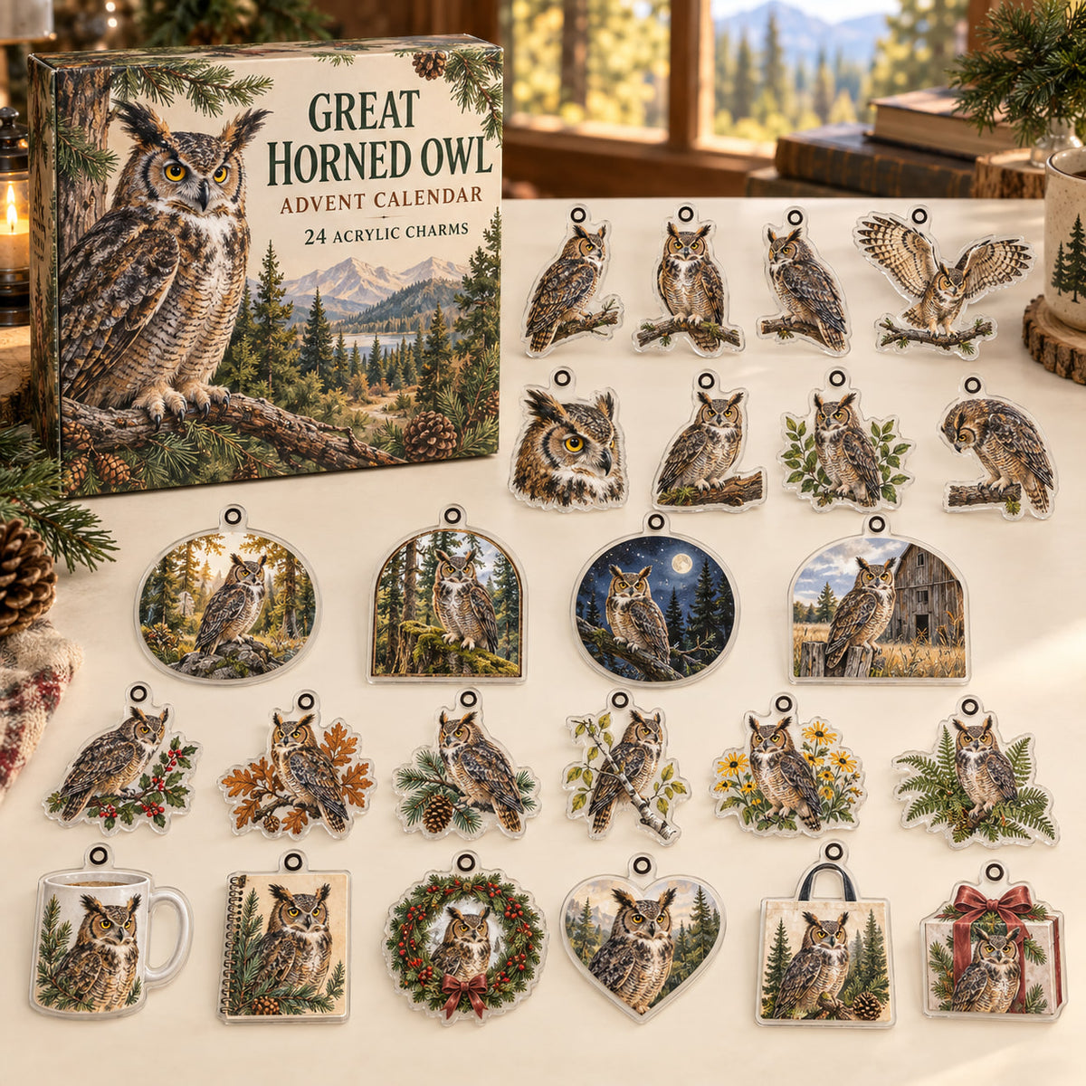 Great Horned Owl advent calendar box with 24 themed flat printed acrylic charms
